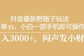 赚钱热门给力项目项目，抖音最新野路子玩法，一单35，小白一部手机即可操作，，日入3000+，闷...