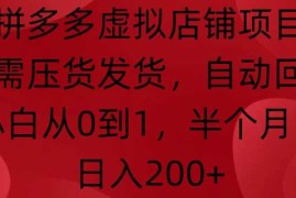 最新项目拼多多虚拟店铺项目，无需压货发货，自动回复，小白从0到1，半个月内日入200+【揭秘】12-10冒泡网