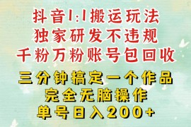 2024最新抖音1：1搬运独创顶级玩法！三分钟一条作品！单号每天稳定200+收益，千粉万粉包回收11-20福缘网